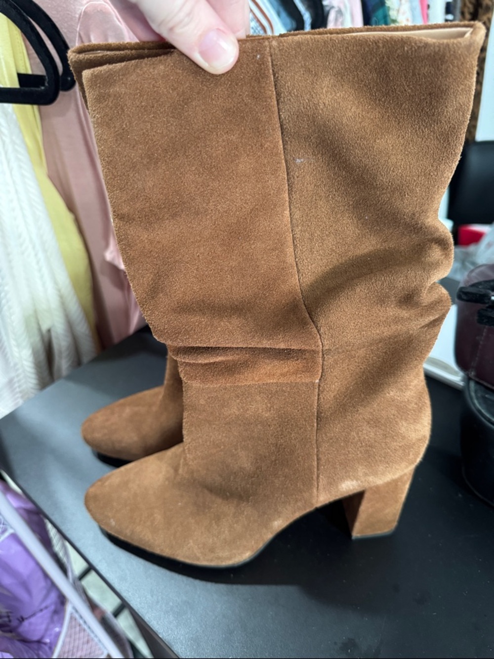 Banana Republic Chestnut Suede Slouch Mid-Calf Block Heel Boots